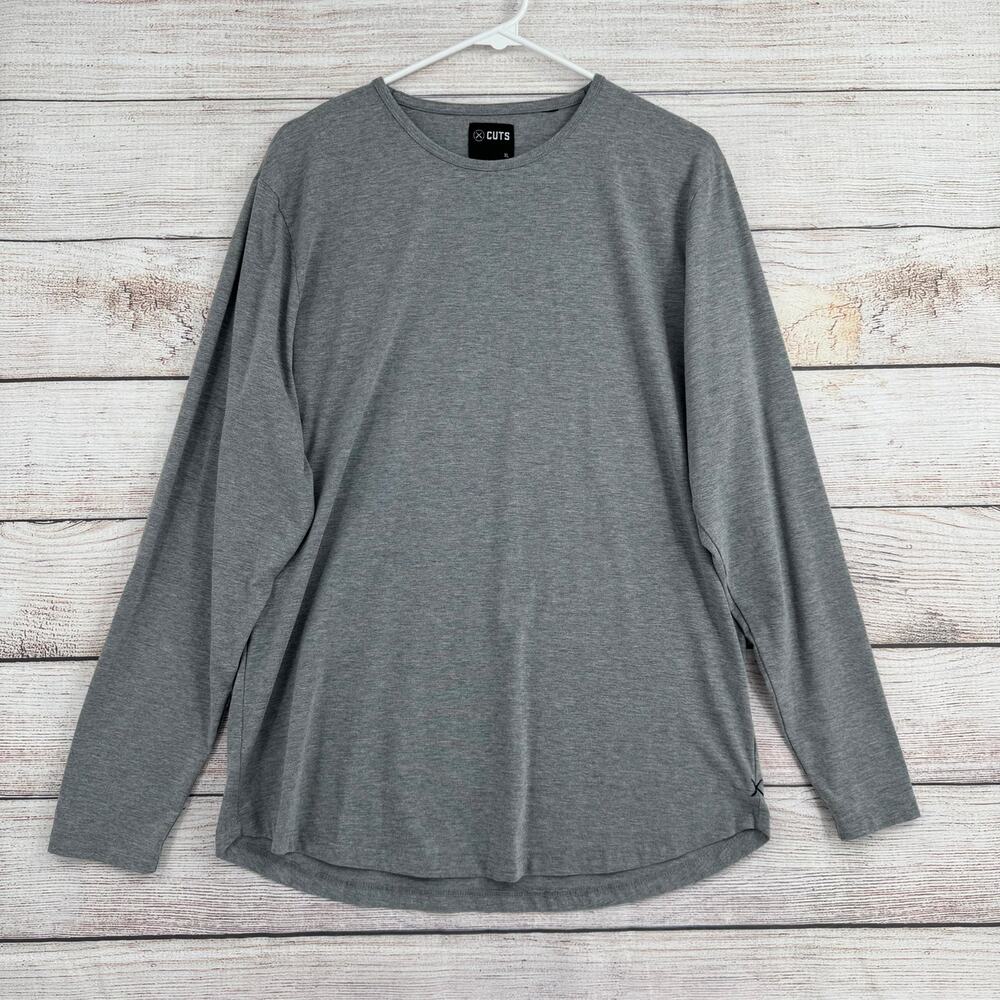 Cuts Long Sleeve Crewneck T-Shirt Mens XL‎ Heathered Gray Curved Hem